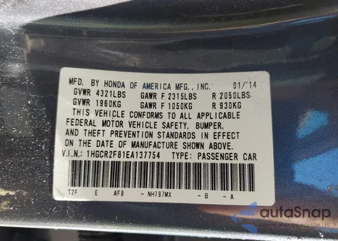 2014 Honda Accord Ex-L z USA, uszkodzony, nr VIN 1HGCR2F81EA137754